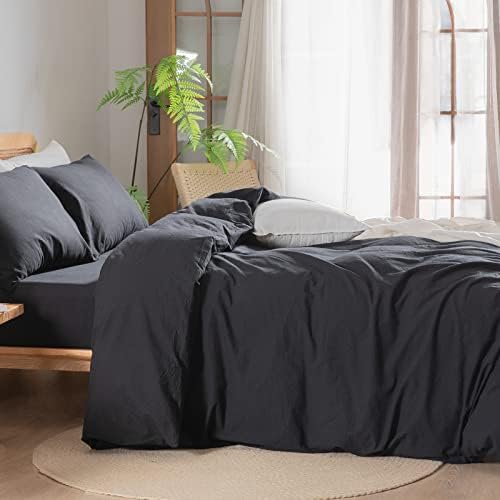 BESTOUCH Cotton Solid Duvet Cover Set Linen Feel Deep Black Super King