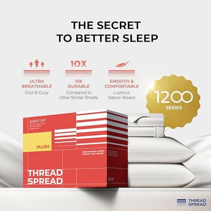 THREAD SPREAD 100% Egyptian Cotton Queen Sheets Set - 1200 Series Plush Collection Luxury Egyptian Cotton Sheets Queen Size Deep Pocket (4 PC, Light Grey), Soft, Cooling, Sateen Weave Sheet Set