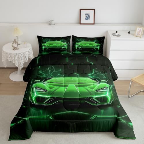 Feelyou Kids Race Car Bedding Set Twin Size,Green Neon Lights Extreme Sports Car Comforter Set,Boys Bedroom Room Decor,Geometric Hexagon Racing Car Comforter,Cool Car Bed Set for All Season