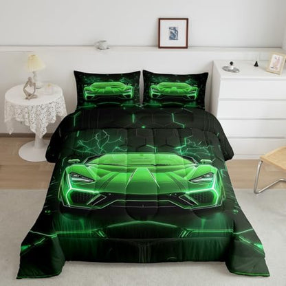 Feelyou Kids Race Car Bedding Set Twin Size,Green Neon Lights Extreme Sports Car Comforter Set,Boys Bedroom Room Decor,Geometric Hexagon Racing Car Comforter,Cool Car Bed Set for All Season