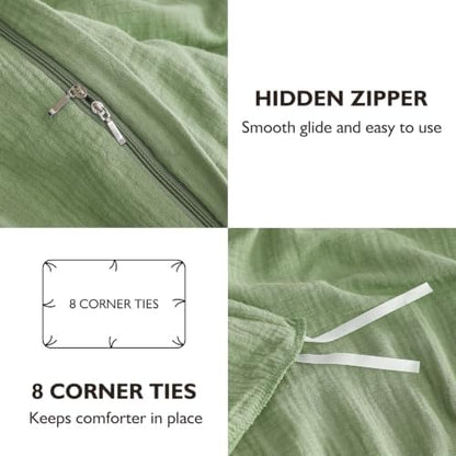 EMME Muslin Cotton Duvet Cover Set Linen Like Sage Green Queen