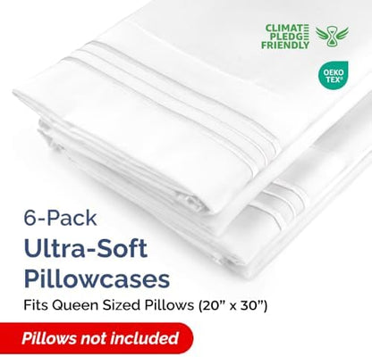 Queen Pillow Cases Set of 6 - Ultra Soft Cozy Pillowcase Covers - White
