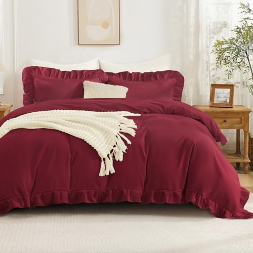 Andency Burgundy Ruffle Duvet Cover King, Shabby Chic Farmhouse Bedding Set