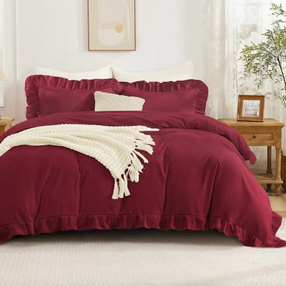 Andency Burgundy Ruffle Duvet Cover King, Shabby Chic Farmhouse Bedding Set