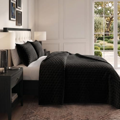 Tribeca Living Lugano Oversized Velvet Quilt Set - All Season, Extra Large, 3 Piece King Size Comforter Set with 2 Pillow Shams in Black Honeycomb Pattern 260GSM