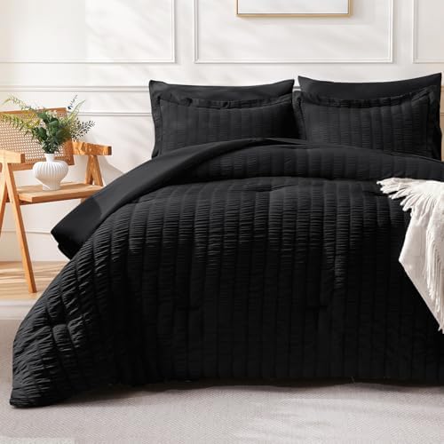 FreshCulture Twin Size Comforter Set Seersucker 5 Pieces, All Season Bedding Set Twin, Soft Bed in a Bag Comforter Set with Comforter, Flat Sheet, Fitted Sheet, Pillowcase and Pillow Sham, Black