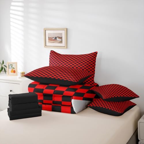 jejeloiu Red Black Bedding Set 7Pcs King Size Kids Plaid Checkered Comforter Set with Sheets for Boys Girls Classic Grid Buffalo Check Bed in a Bag Soft Lightweight,Microfiber