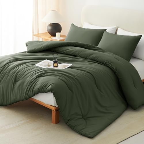 CozyLux Full Comforter Set, 3 Pieces Down Alternative Bedding, Dark Green