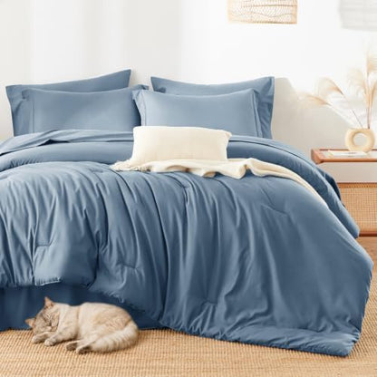 HIMEET Queen Comforter Set, 7-Piece Point-Quilted Bed in a Bag Grayish Blue
