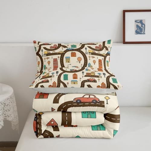 Erosebridal Cartoon Car Comforter Set Queen Cityscape City Car Bedding Set Funny House Building Road Map Comforter for Kids Boys Girls Modern Transportation Vehicle Quilt Duvet