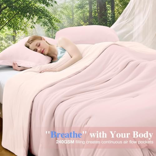 MUXHOMO Cooling Comforter Set King Size, Lightweight Summer Comforter for Hot Sleeper, Reversible Bedding with ICY Cooling Surface, Includes 1 Comforter (104"x90") and 2 Shams (20"x 36"), Light Pink