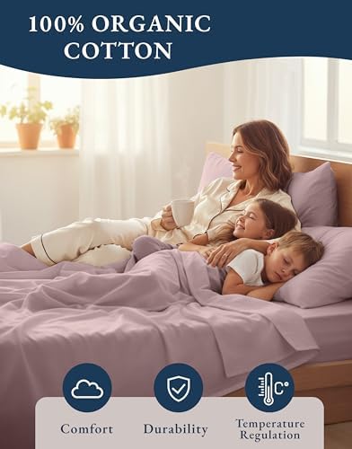 LANE LINEN Twin Sheet Set 100% Organic Cotton 3pc Percale Cooling - Lilac