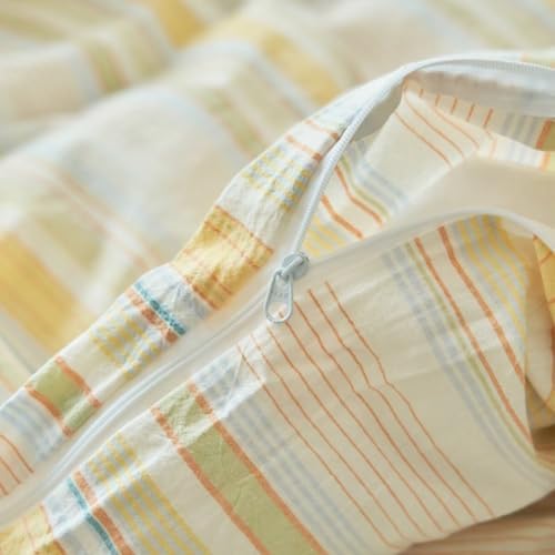 Mucalis Yellow Striped Duvet Cover Set Queen 100% Washed Cotton Bedding Duvet Cover Full Colorful Striped Pattern Modern 3 Piece Bedding Set with Zipper Closure Corner Ties,Breathable Comfortable