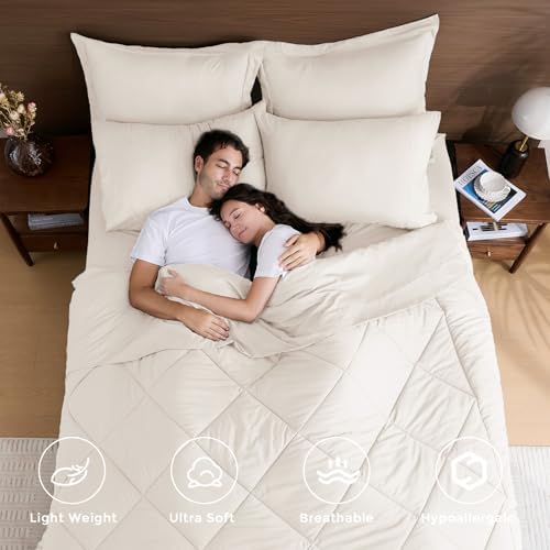 HEVUMYI 7-Piece Queen Comforter Set, Ivory Bed in a Bag
