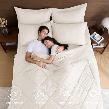 HEVUMYI 7-Piece Queen Comforter Set, Ivory Bed in a Bag