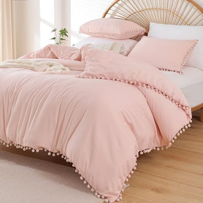 YIRDDEO King Size Comforter Set, Blush Pink Pom Fringe Bedding Set 3 Pieces