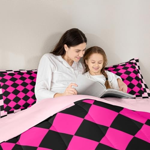 Feelyou Checkered Geometric Comforter Set All Season Rose Pink Plaid Bedding Set with 1 Pillow Cases Checkerboard Modern Aesthetic Kids Twin Bedclothes Reversible Pink Bedroom Decor Duvet Quilt