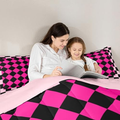 Feelyou Checkered Geometric Comforter Set All Season Rose Pink Plaid Bedding Set with 2 Pillow Cases Checkerboard Modern Aesthetic Kids Queen Bedclothes Reversible Pink Bedroom Decor Duvet Quilt