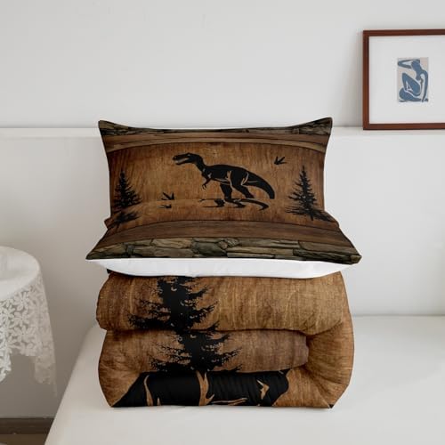 Manfei Dinosaur Kids Comforter Set Twin Size, Wild Animal Bedding Set for Boys Adults Bedroom Decor, Rustic Farmhouse Brown Wooden Plank Down Comforter, Soft Polyester Quilt Set, 1 Pillowcase