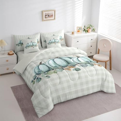 Erosebridal Fall Pumpkins 7 Piece Bedding Set Twin Thanksgiving Day Comforter Set with Sheets Polka Dots Bed in a Bag Autum Leaves Nature Bed Sets Comforter