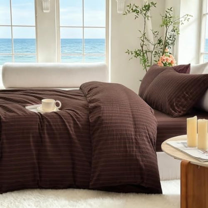 Striped Duvet Cover Set Full Size 3 Piece 100% Washed Cotton Linen Like Textured Bedding Comfy Breathable (Full, Double Stripe-Espresso Brown/Black)