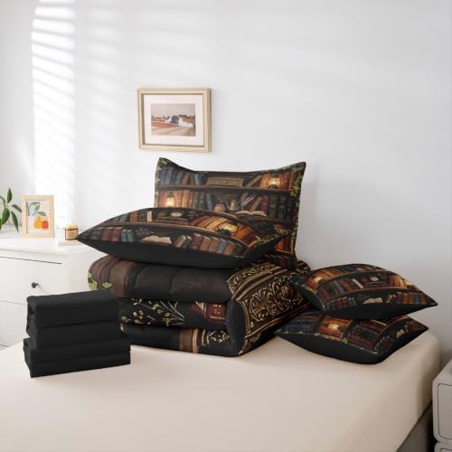 Erosebridal Library 7 Piece Bedding Set King Vintage Bookshelf Comforter Set with Sheets Books Retro Old Bookcase Wooden Bed in a Bag Magic Bookrack Education Reading Bed Sets Comforter