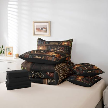 Erosebridal Library 7 Piece Bedding Set King Vintage Bookshelf Comforter Set with Sheets Books Retro Old Bookcase Wooden Bed in a Bag Magic Bookrack Education Reading Bed Sets Comforter
