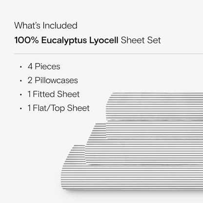 Sijo AiryWeight Tencel Sheet Set, 100% Lyocell Derived from Eucalyptus, Buttery Soft, Architectural Digest Best Cooling Sheets Winner - 4pc - 2 Pillowcases 1 Fitted 1 Top (Stripe, Queen)
