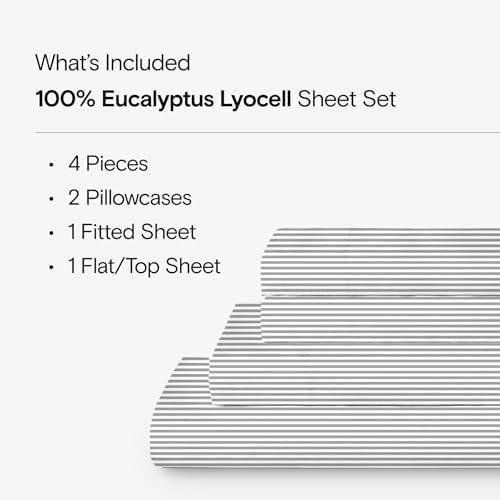 Sijo AiryWeight Tencel Sheet Set, 100% Lyocell Derived from Eucalyptus, Buttery Soft, Architectural Digest Best Cooling Sheets Winner - 4pc - 2 Pillowcases 1 Fitted 1 Top (Stripe, King)