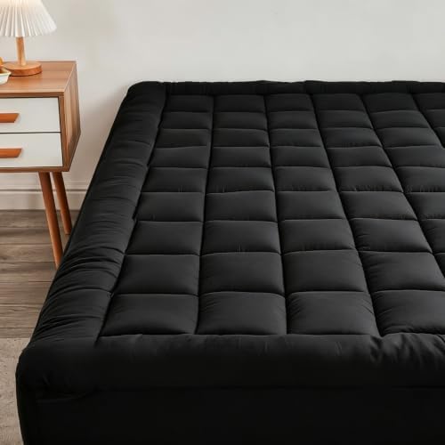 Mattress Pad Cover with Stretches to 18” Deep Pocket Fits Up to 8”-21” Cooling Bed Topper,Soft and Breathable Mattress Protector Cover (Black, Twin)