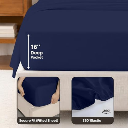SGI bedding 100% Egyptian Cotton Sheets Queen Size – Cooling Sheets, Soft Breathable Navy Blue Bedding, Luxury Bedding, Luxury Hotel Sheet Set, Deep Pocket 16", 4 Piece Set