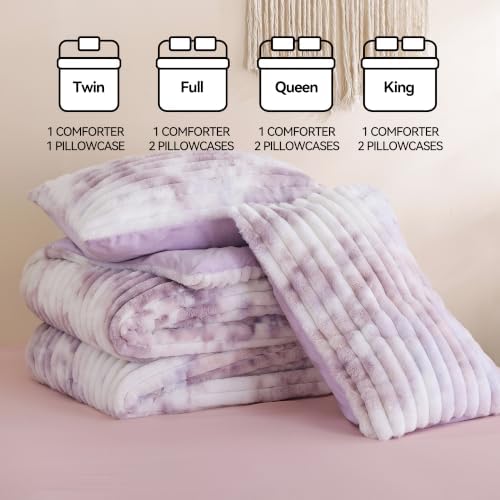 Smoofy Fluffy Queen Size Comforter 3 PCS- Tie Dye Purple Fleece Bedding Set