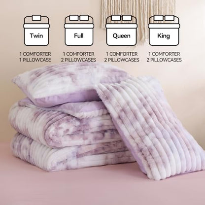 Smoofy Fluffy Full Size Comforter 3 PCS - Tie Dye Purple Fleece Bedding Set