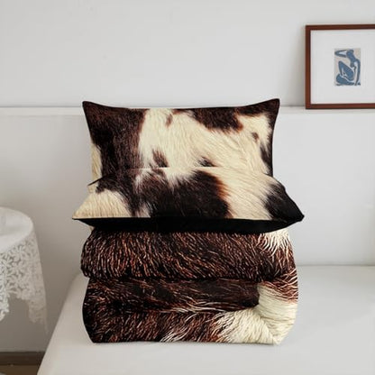 Cowhide Bedding Set King,Brown Beige White Cow Print Comforter Set Western Farm Animal Fur Down Comforter for Kids Teens Men Women Rustic Cowboy Cowhide Quilt Duvet Set 2 Pillow Cases Bedroom Decor