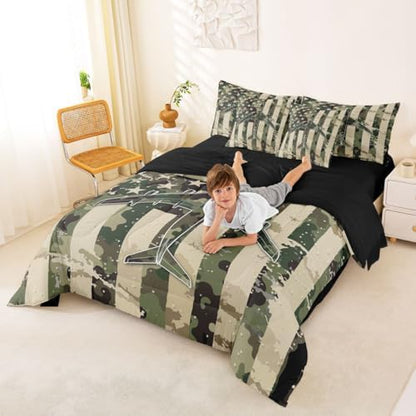 Erosebridal 7 Pcs Camo American Flag Comforter Set Queen Camouflage Military Aircraft Bedding Set for Boys Kids Teens Men Army Green Airplane Bed in A Bag with Sheets Vintage Patriotic Plane Bed Sets
