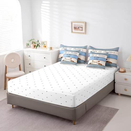 Erosebridal Lake House Bedding Set for Kids Teens,Boat Paddle Comforter Set Full Size,Blue Wooden Plank (Comforter+Fitted+Flat Sheet+2 Pillowcases+2 Throw Pillow Covers) 7 Pieces Bed Set
