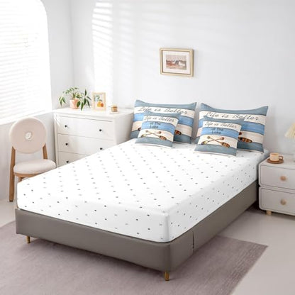 Erosebridal Lake House Bedding Set for Kids Teens,Boat Paddle Comforter Set Full Size,Blue Wooden Plank (Comforter+Fitted+Flat Sheet+2 Pillowcases+2 Throw Pillow Covers) 7 Pieces Bed Set