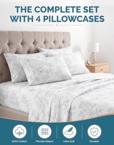 Casa Platino 100% Cotton King Sheet Set – 6 Piece King Sheet Set King with Crisp Cool & Soft Feel, with 15 Inch Deep Pocket Fitted Sheet, Breathable & Cozy for a Good Nights Sleep – Ashpetal