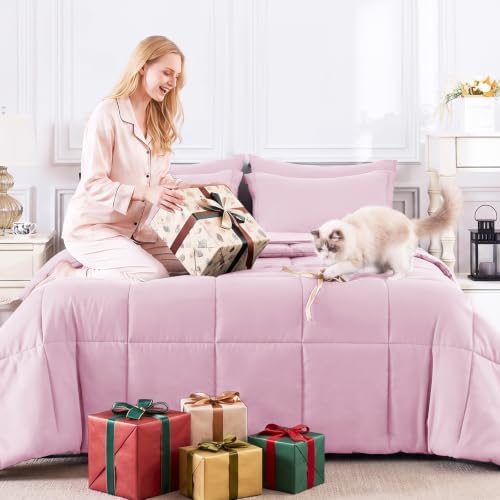 CozyLux King Size Comforter Set, 7-Piece Bed in a Bag, Light Pink