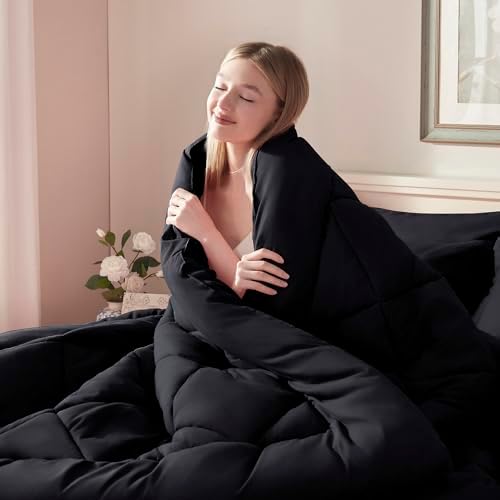 ELNIDO QUEEN® Queen Comforter Set Black - 7 Pieces Bed in a Bag Comforters Queen Size, Bed Set All Seasons, Black Bedding Sets with Comforter, Flat Sheet, Fitted Sheet, Pillowcases and Pillow Shams