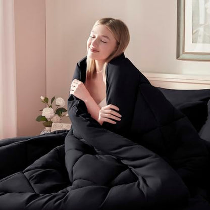 ELNIDO QUEEN® Queen Comforter Set Black - 7 Pieces Bed in a Bag Comforters Queen Size, Bed Set All Seasons, Black Bedding Sets with Comforter, Flat Sheet, Fitted Sheet, Pillowcases and Pillow Shams
