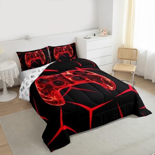 Castle Fairy Kids Game Kids Comforter Set,Game Controller Gamepad Bedding Set All Season,Gaming Honeycomb Red Comforter 2 Pcs with 1 Pillowcase,Toddler Size