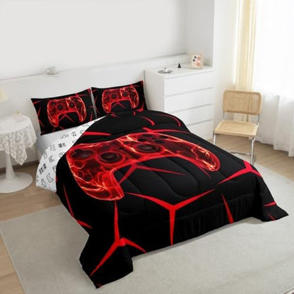 Castle Fairy Kids Game 3 Pcs Queen Size Comforter Set,Gaming Honeycomb Red Down Alternative Adults Bedroom Decor,Game Controller Gamepad Ultra Soft Microfiber Inner Fill 3Pcs Bedding