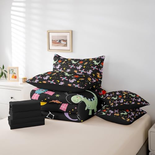 Feelyou Kids Cute Dinosaur 7 Piece Bedding Set King Size Solar System Comforter Set with Sheets for Boys Girls Outer Space Bed in a Bag Moon Star Print Bed Set