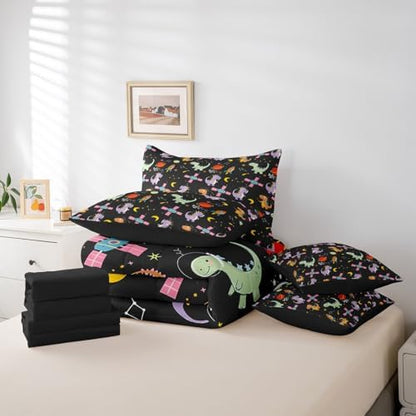 Feelyou Kids Cute Dinosaur 7 Piece Bedding Set King Size Solar System Comforter Set with Sheets for Boys Girls Outer Space Bed in a Bag Moon Star Print Bed Set