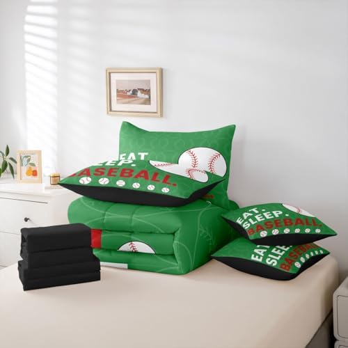 Erosebridal Games Kids Baseball Green Comforter Set Queen Size 7 Pieces | White Red Gaming Bed in A Bag Softball Sports Bed Set Boys Girls Teens Bedding