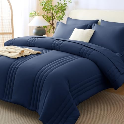 CozyLux King Size Comforter Set Navy Blue- 7 Pieces Bed in a Bag