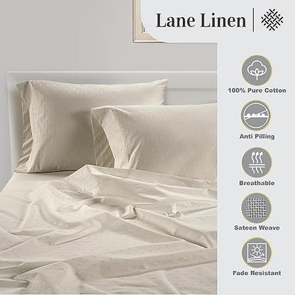 LANE LINEN 100% Egyptian Cotton Sheets Queen Sateen Weave - Ivory Swiss Dot