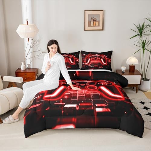 Erosebridal Gamer Comforter Set Gaming King Bedding Set, Neon Lights Game Boy Games Comforter Red Brick Cube Duvet Insert,Gaming Room Decor
