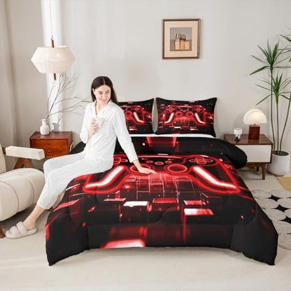 Erosebridal Gamer Comforter Set Gaming King Bedding Set, Neon Lights Game Boy Games Comforter Red Brick Cube Duvet Insert,Gaming Room Decor
